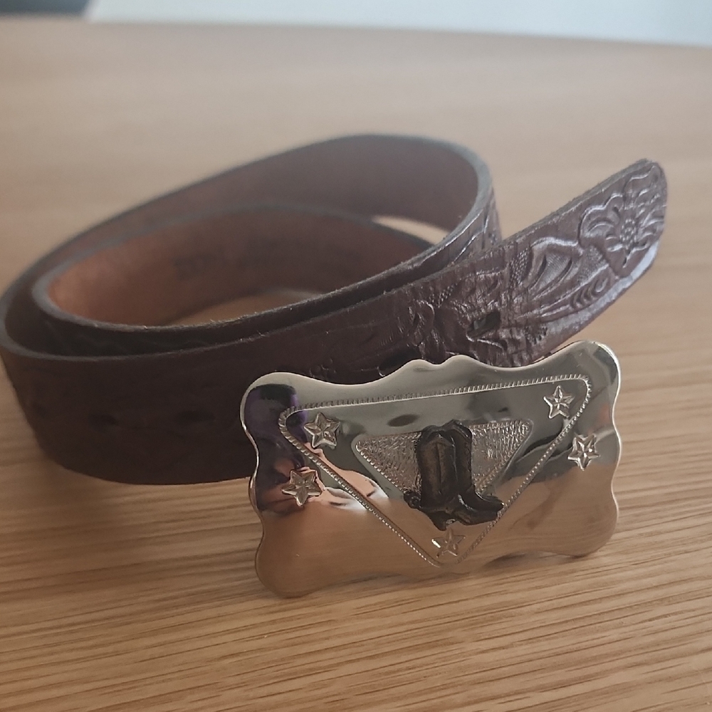 Brown Tooled Leather Western Belt with Decorative Silver Buckle